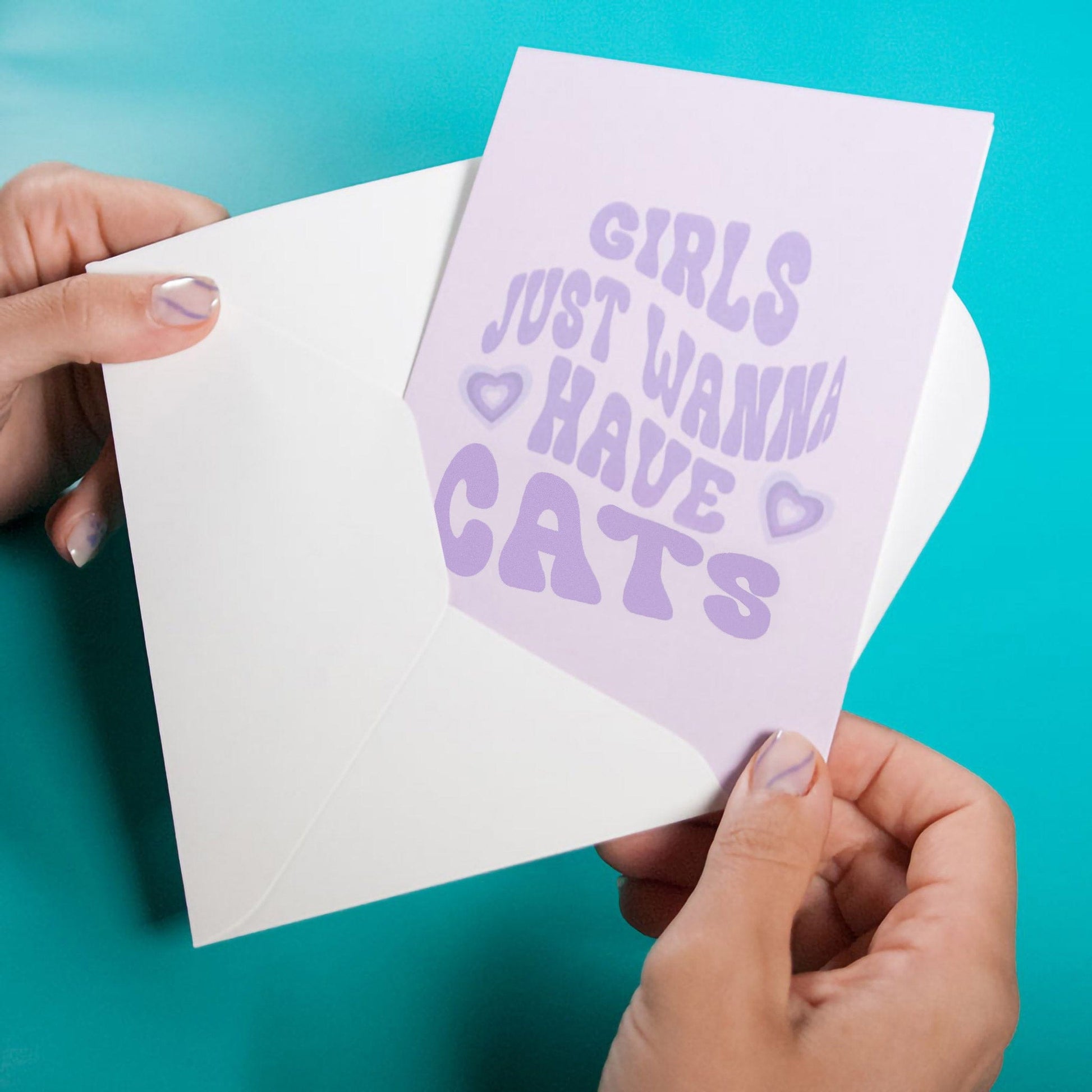 Greeting card "Girls just wanna have cats" purple